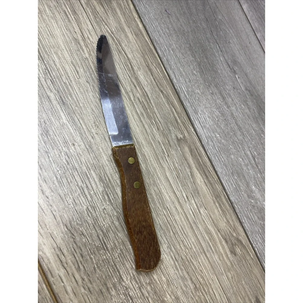 Delco Steak Knife Vintage‎ Serrated Stainless Steel Wood Handle 8.25 Inch Brass